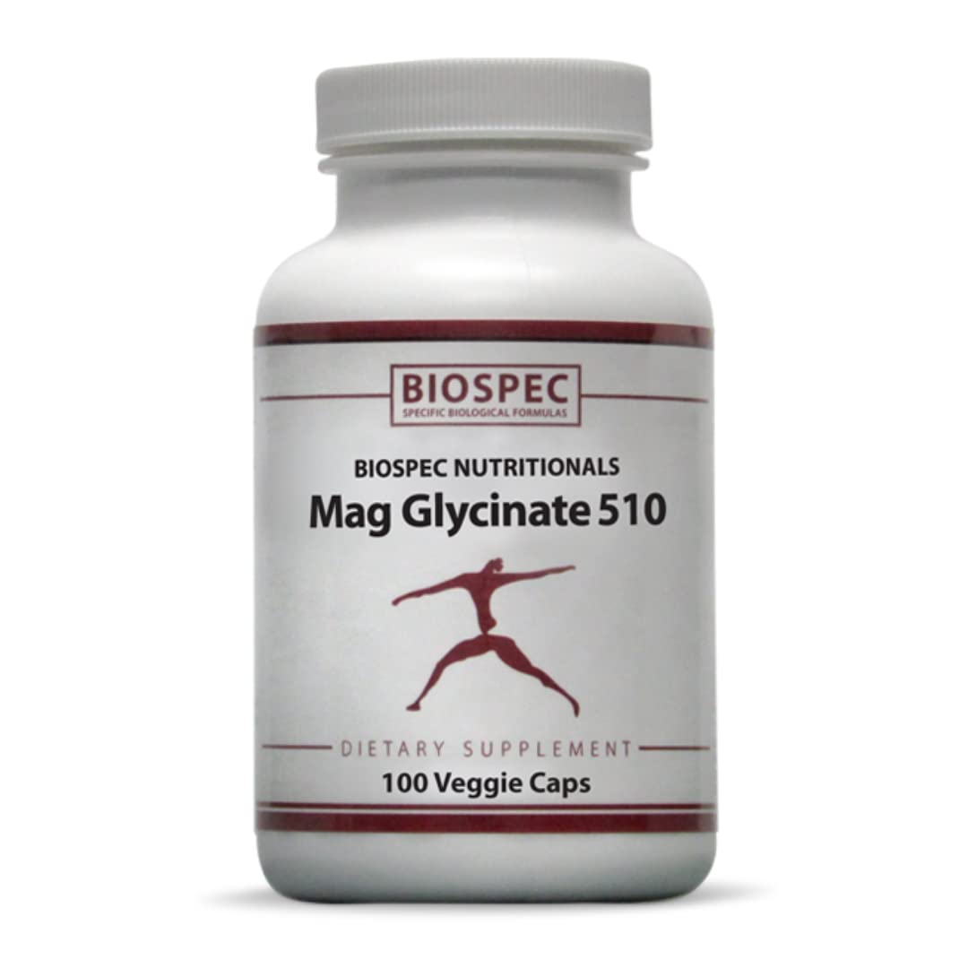 BIOSPEC Nutritionals Mag Glycinate 510 bottle highlighting high-potency magnesium for daily energy support.