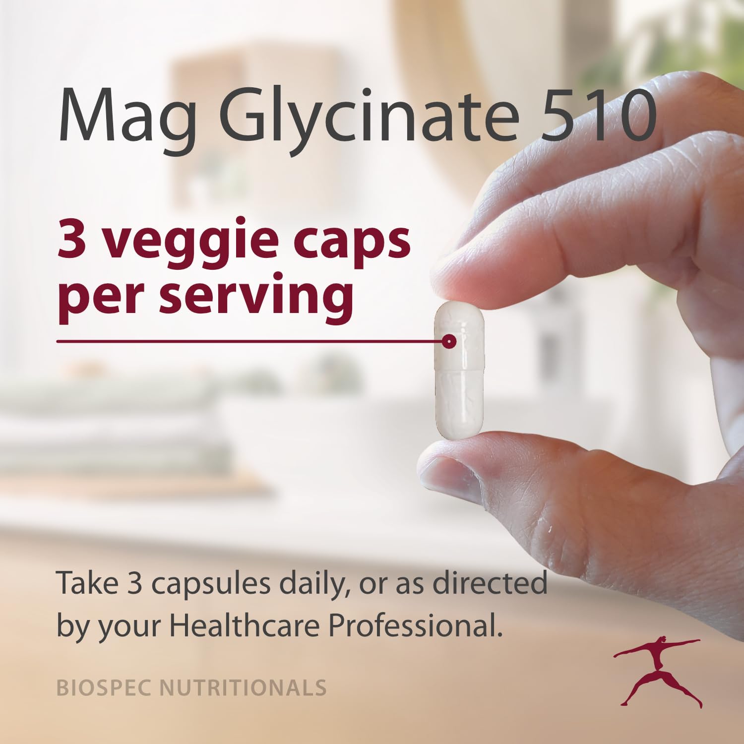BIOSPEC Magnesium Glycinate 510 capsules being poured, for easy daily supplementation.