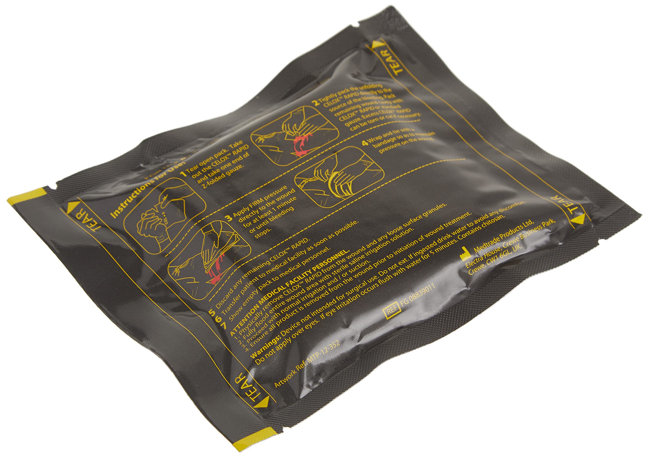 Biostat Celox Rapid gauze suitable for bullet, blast, knife, and shrapnel wounds.