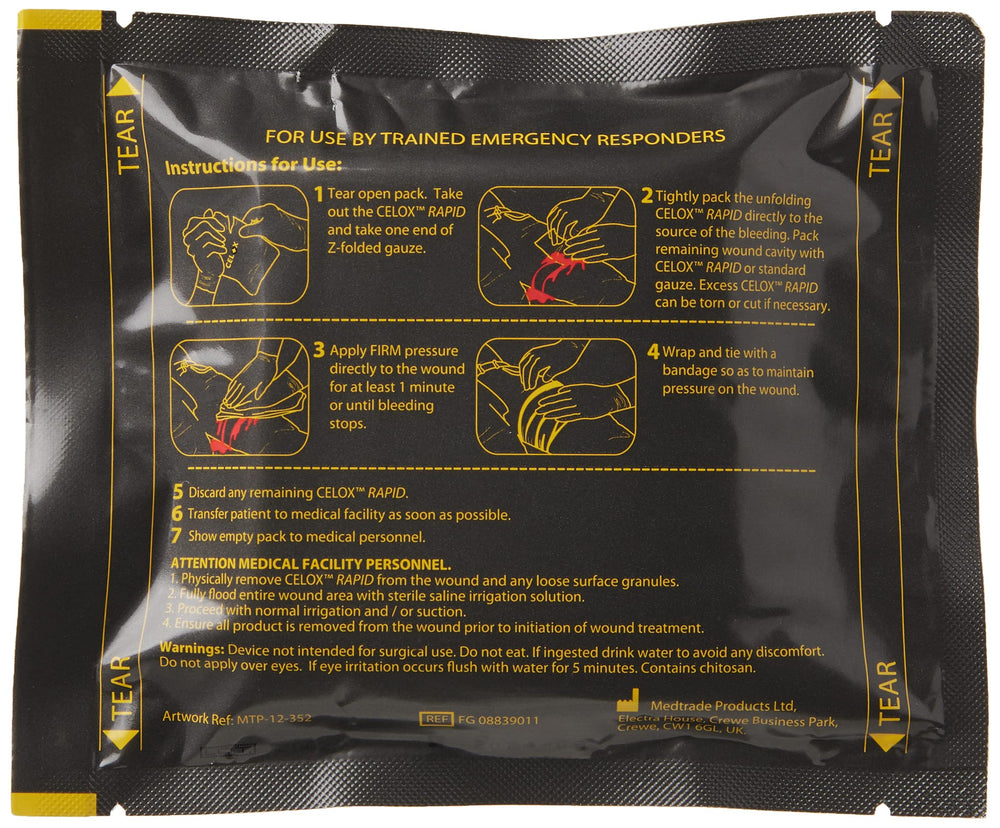 Biostat Celox Rapid gauze seals wounds with adhesive gel for quick bleeding control.