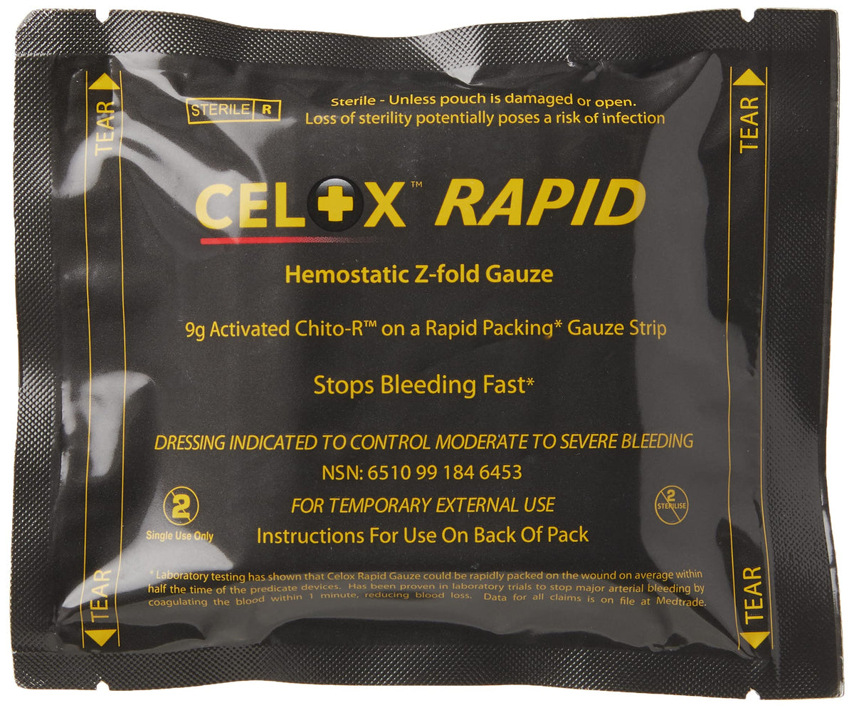 Biostat Celox Rapid gauze in a compact Z-folded design for rapid on-site access.