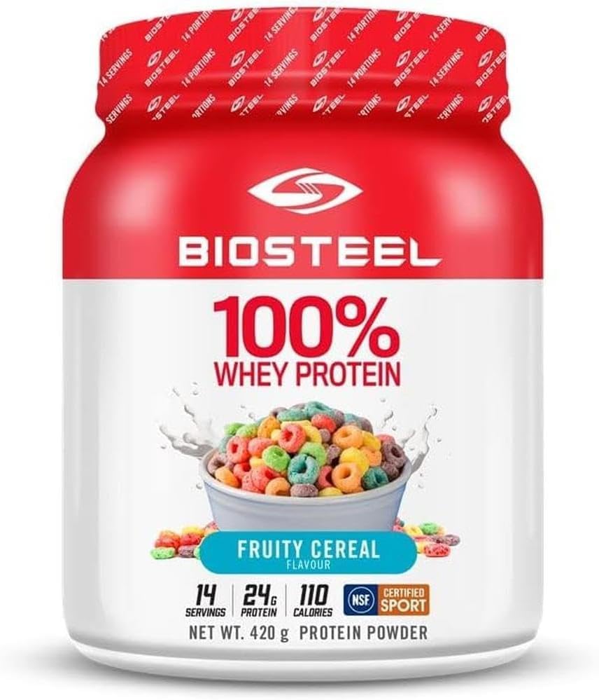 Biosteel Fruity Cereal whey powder container for post-workout recovery