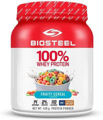 Biosteel Fruity Cereal whey powder container for post-workout recovery