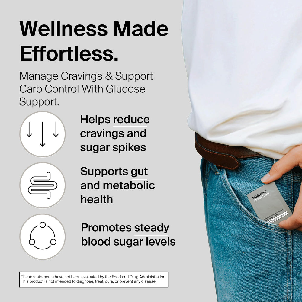 BIOSTRIPS Glucose Support strip dissolving to curb mid-meal cravings.