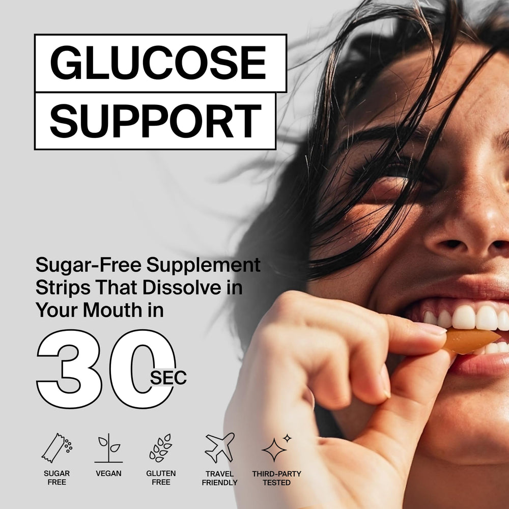 BIOSTRIPS Glucose Support strip on tongue dissolving for pre-meal ease.