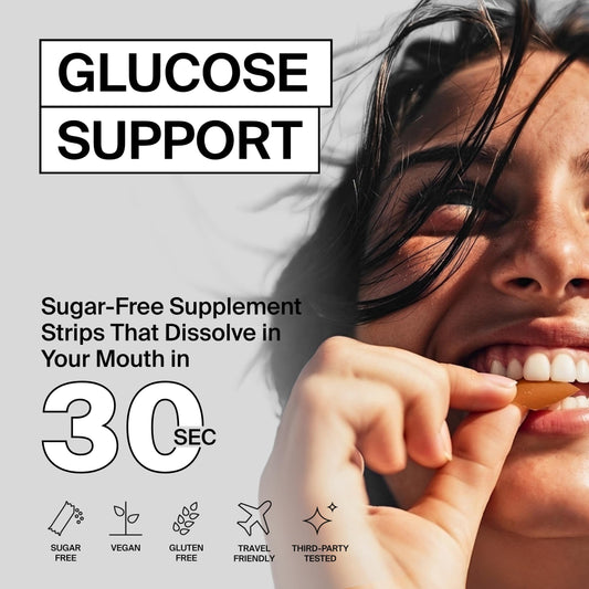 BIOSTRIPS Glucose Support strip on tongue dissolving for pre-meal ease.