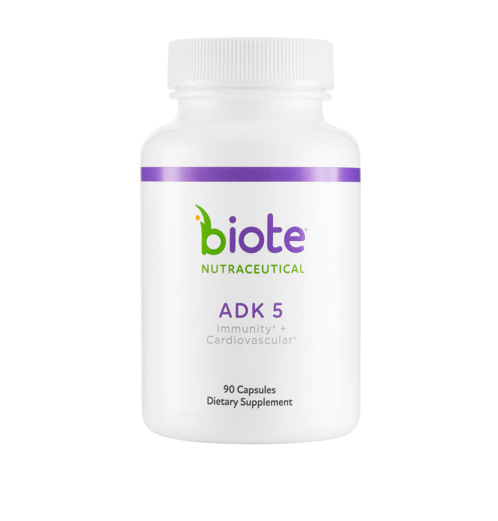 Biote ADK 5 bottle label emphasizing vitamin D maintenance and bone support.