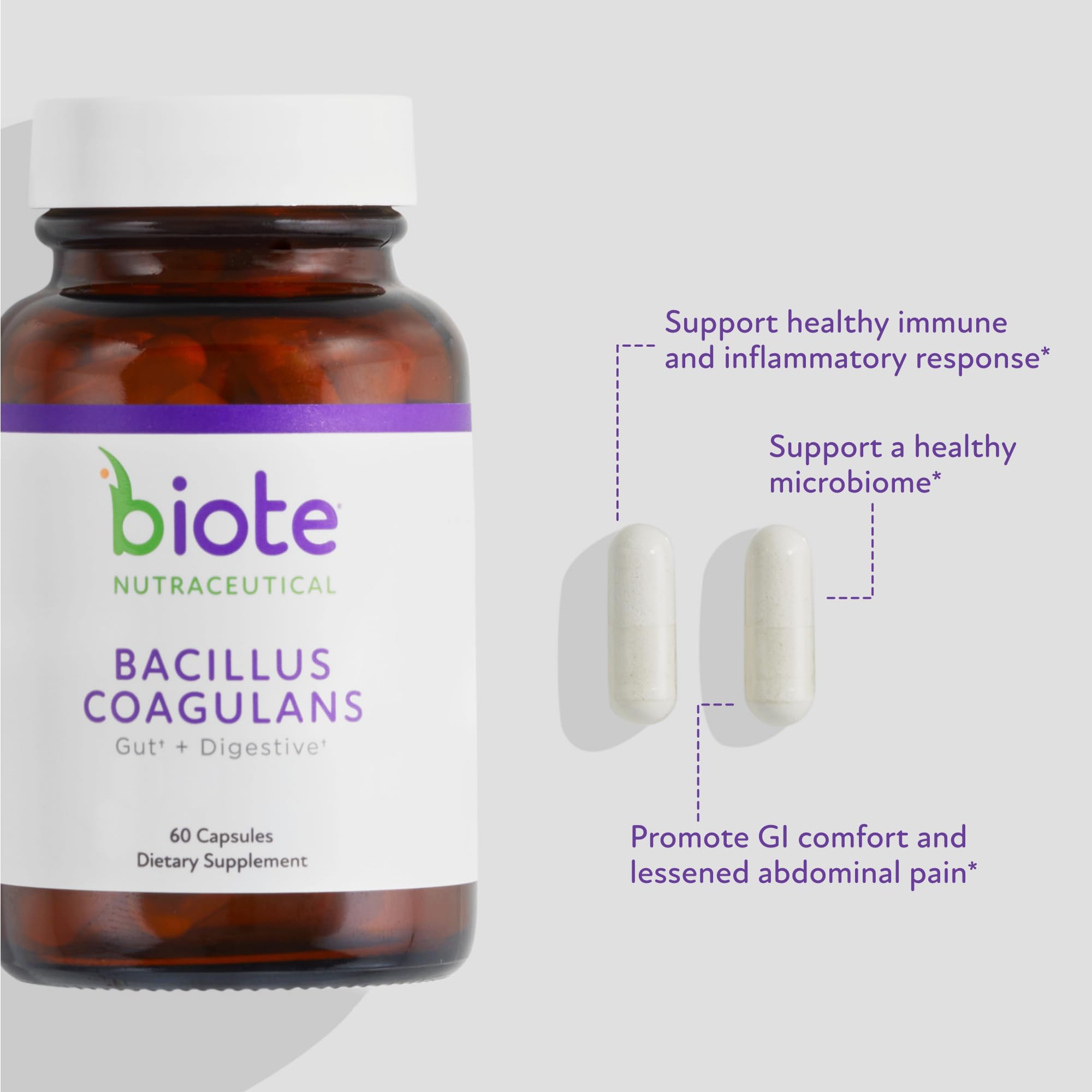 Biote Bacillus Coagulans capsules closeup easy to swallow for daily use