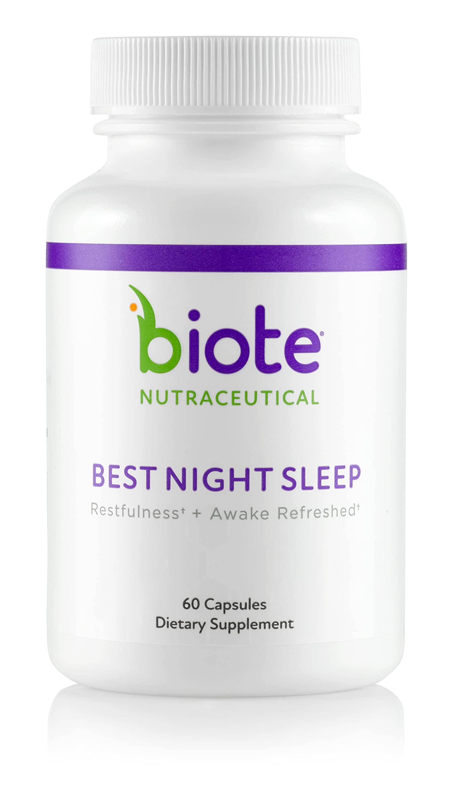 Biote Best Night's Sleep bottle on nightstand promotes a restful bedtime routine.