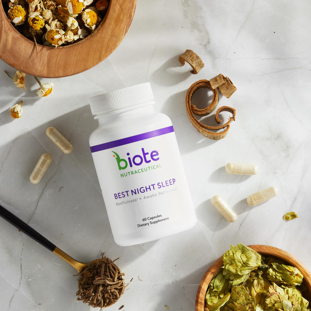 Biote Best Night's Sleep capsules close-up, hinting at fast sleep onset.