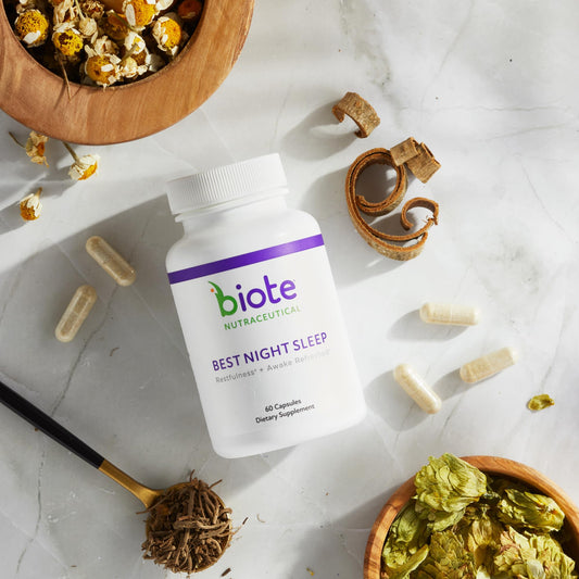 Biote Best Night's Sleep capsules close-up, hinting at fast sleep onset.