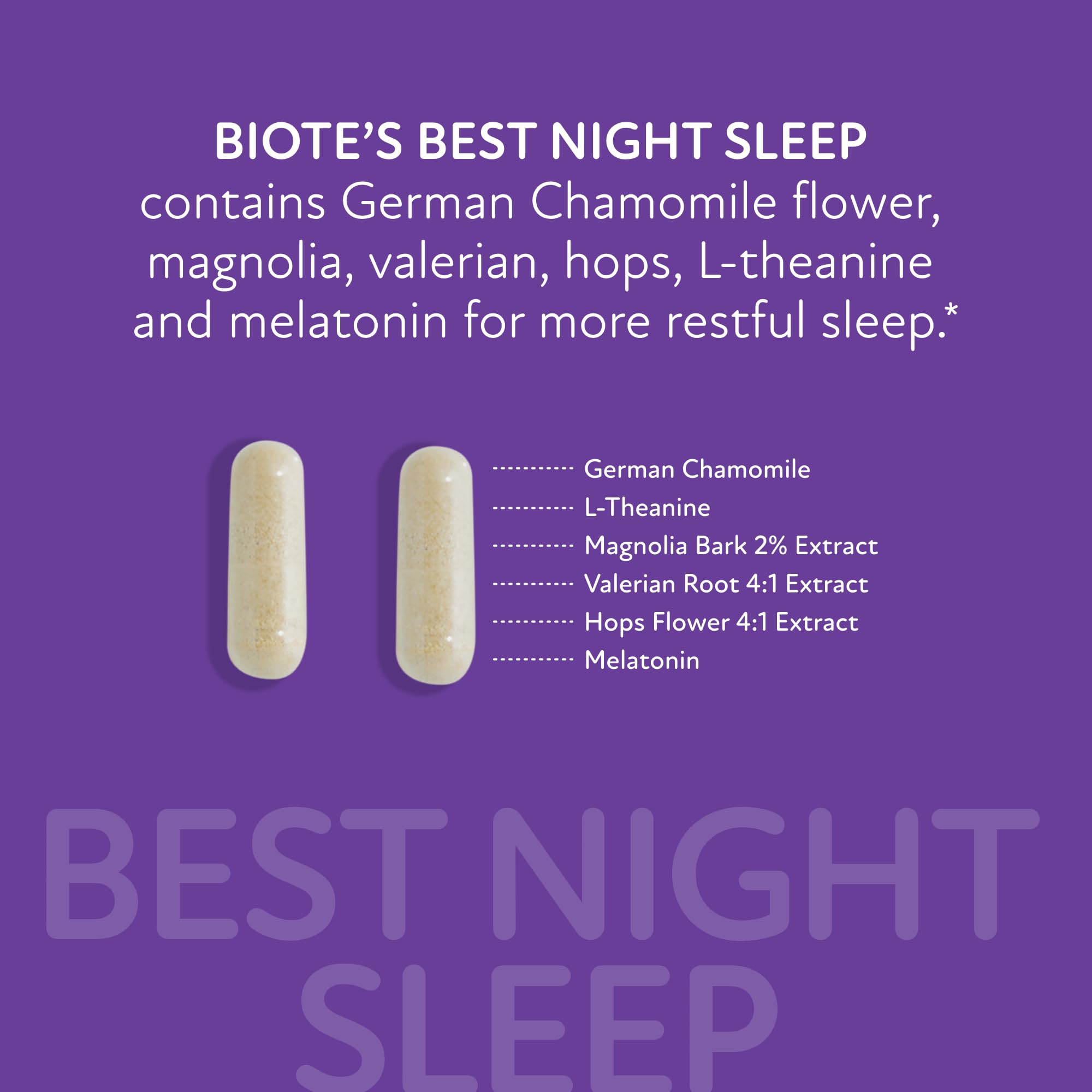 Biote bottle beside pillow and glass evokes a calm night ritual.