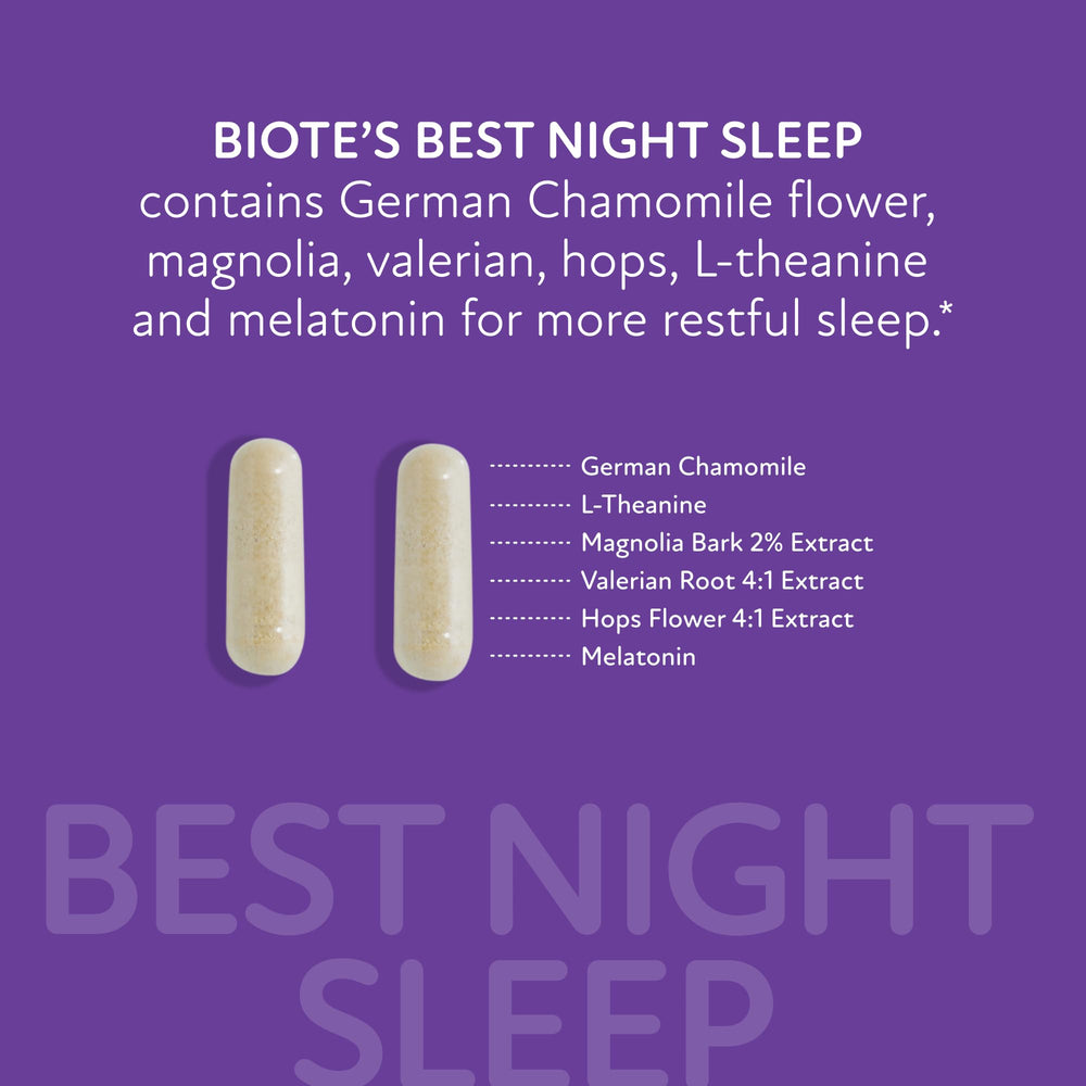 Biote bottle beside pillow and glass evokes a calm night ritual.