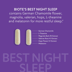 Biote bottle beside pillow and glass evokes a calm night ritual.