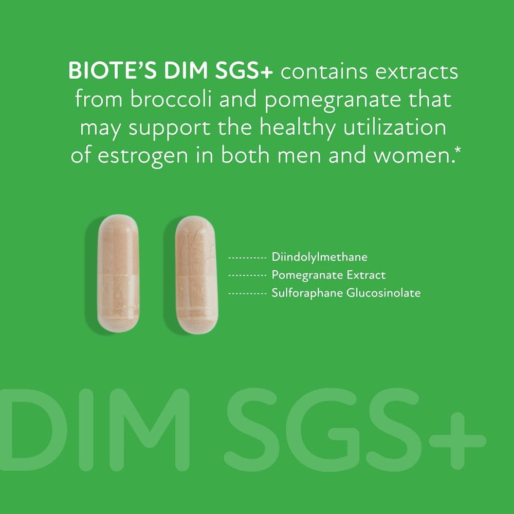 Biote DIM SGS+ packaging box emphasizing detox and metabolism aid.