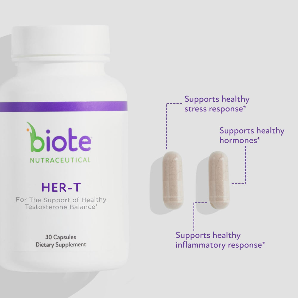 Biote HER-T bottle label close-up highlighting product purpose