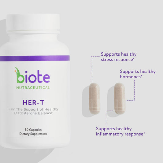 Biote HER-T bottle label close-up highlighting product purpose
