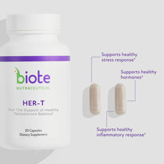 Biote HER-T bottle label close-up highlighting product purpose