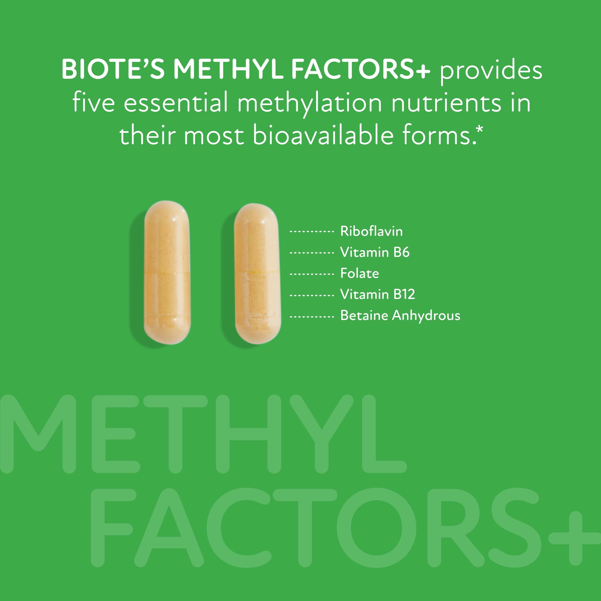 Biote Methyl Factors+ packaging highlights gluten-free and soy-free attributes