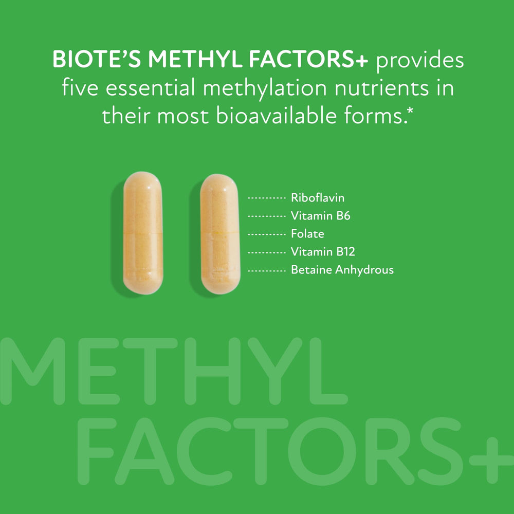 Biote Methyl Factors+ packaging highlights gluten-free and soy-free attributes