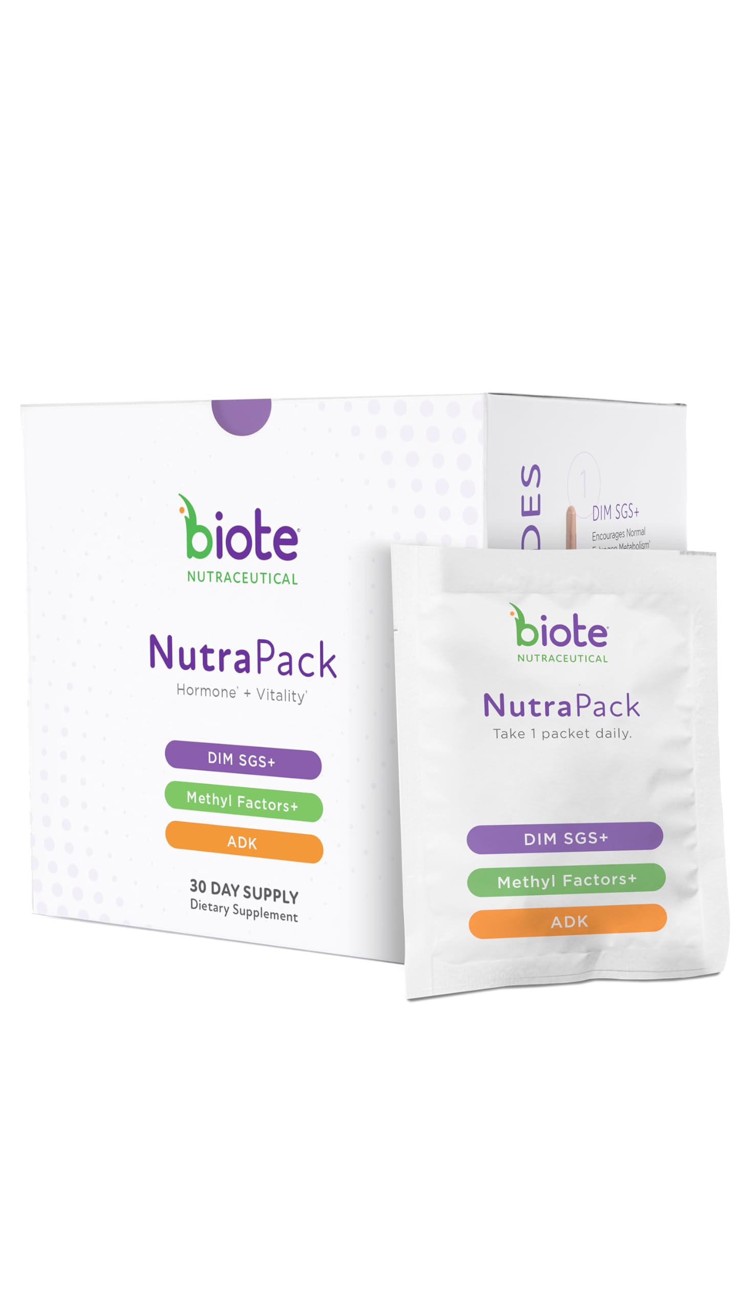 Biote NutraPack bottle with daily packets for convenient daily supplementation.