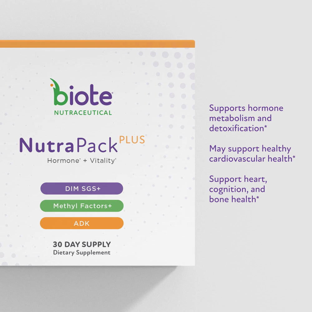 Biote NutraPackPlus bottle label detail with clean design and dosage info.