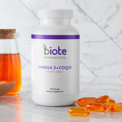Biote Omega-3 + CoQ10 bottle label highlights ingredients and suggested daily use