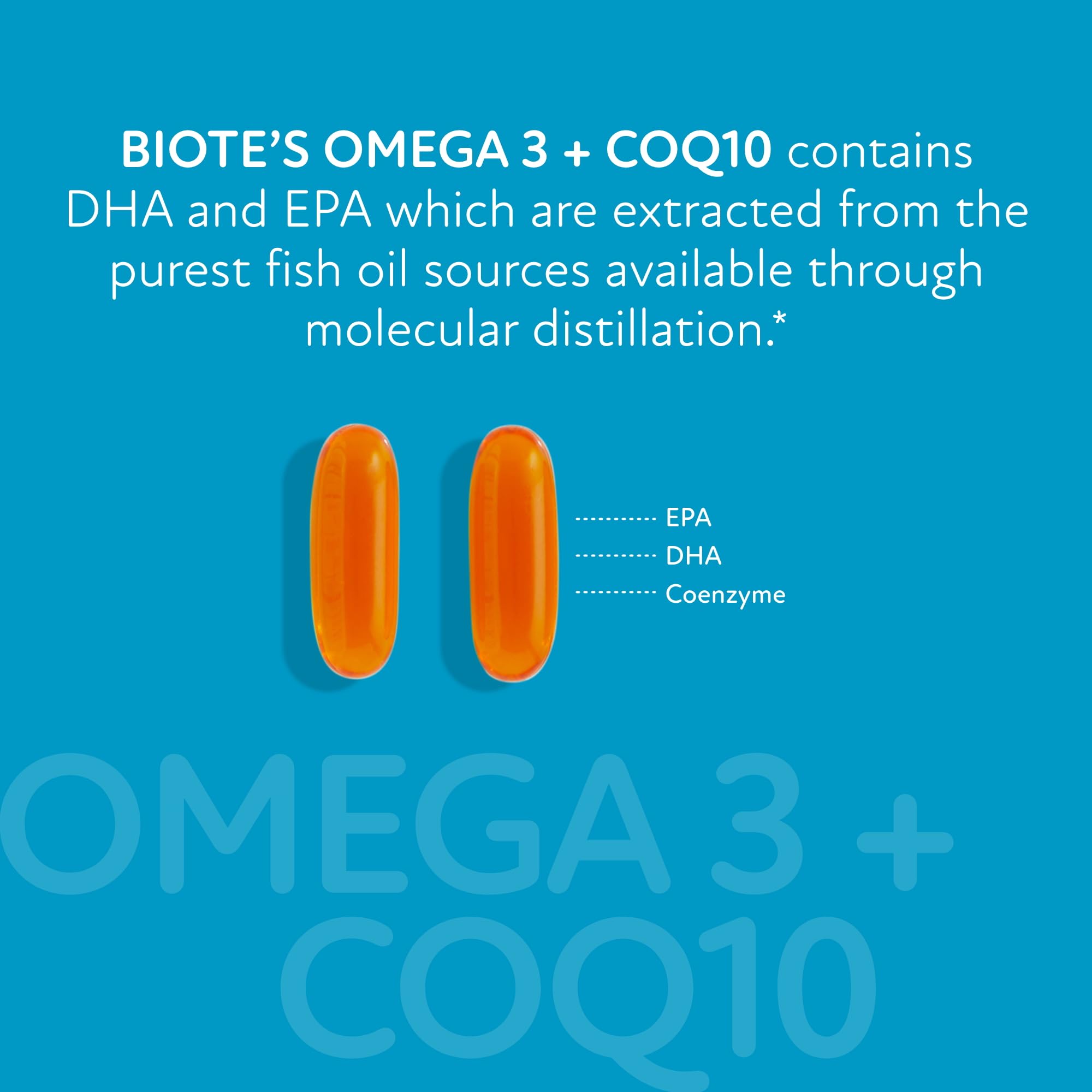 Biote Omega-3 + CoQ10 capsules close-up showing smooth texture