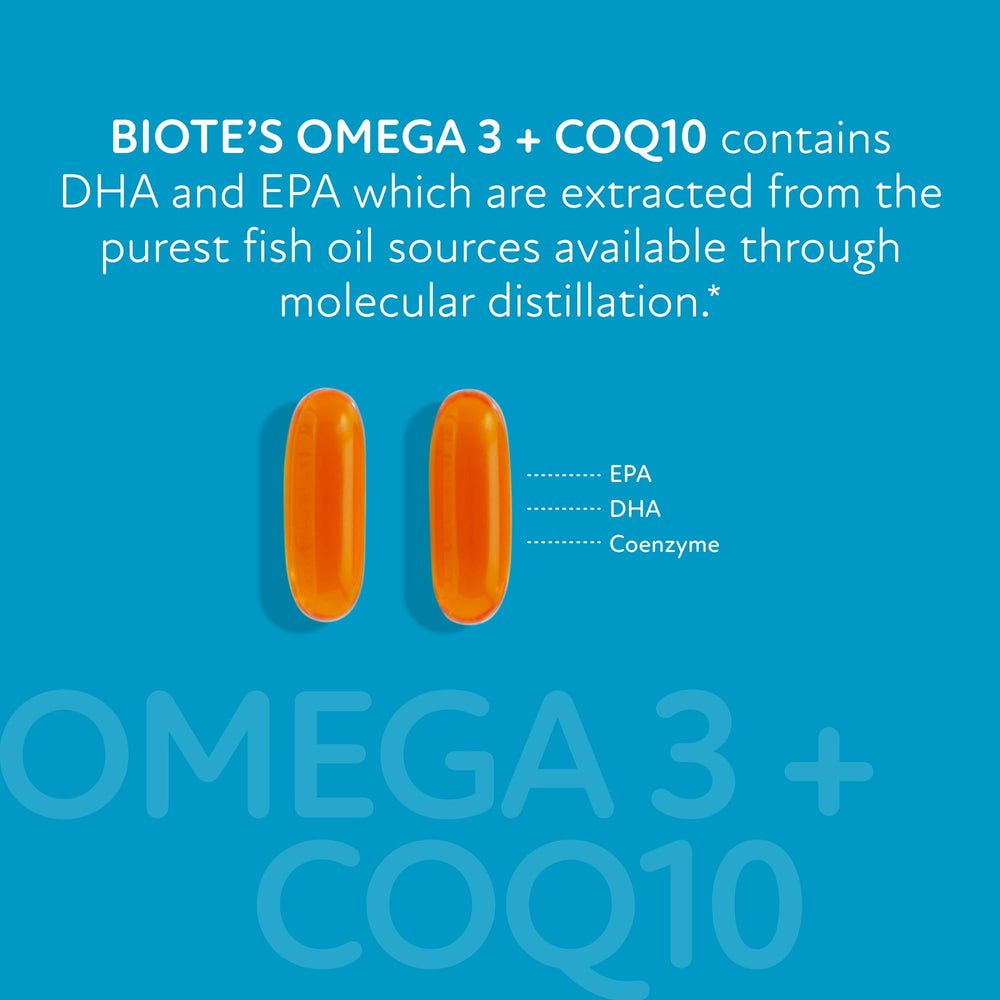 Biote Omega-3 + CoQ10 capsules close-up showing smooth texture