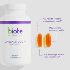 Biote Omega-3 + CoQ10 softgels poured into a cup ready to take