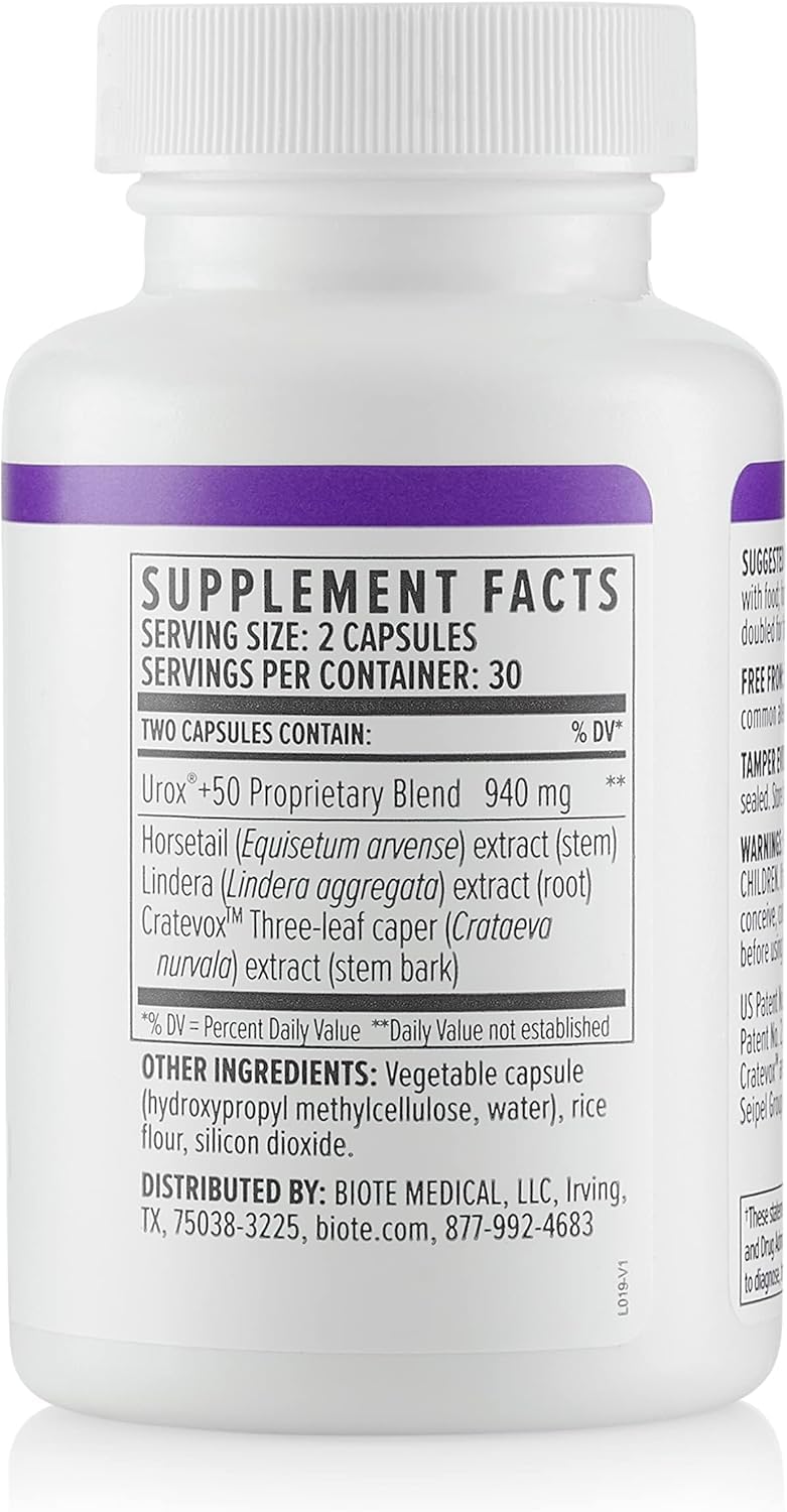 Biote Urox+ bottle label highlighting bladder health benefits