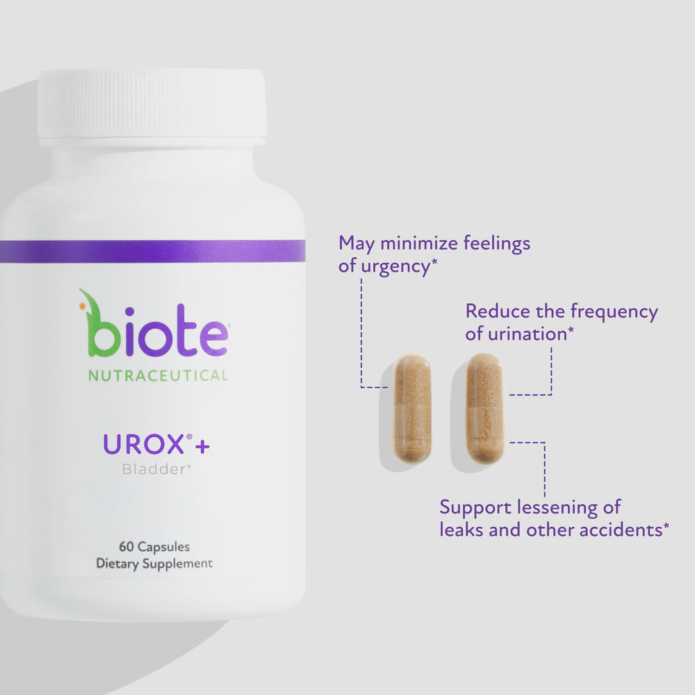 Biote Urox+ capsules neatly arranged for bladder support on display