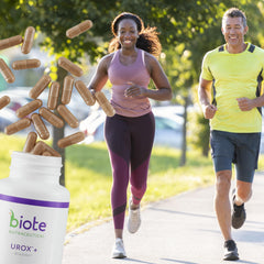 Shelf display of Biote Urox+ promoting discreet bladder health