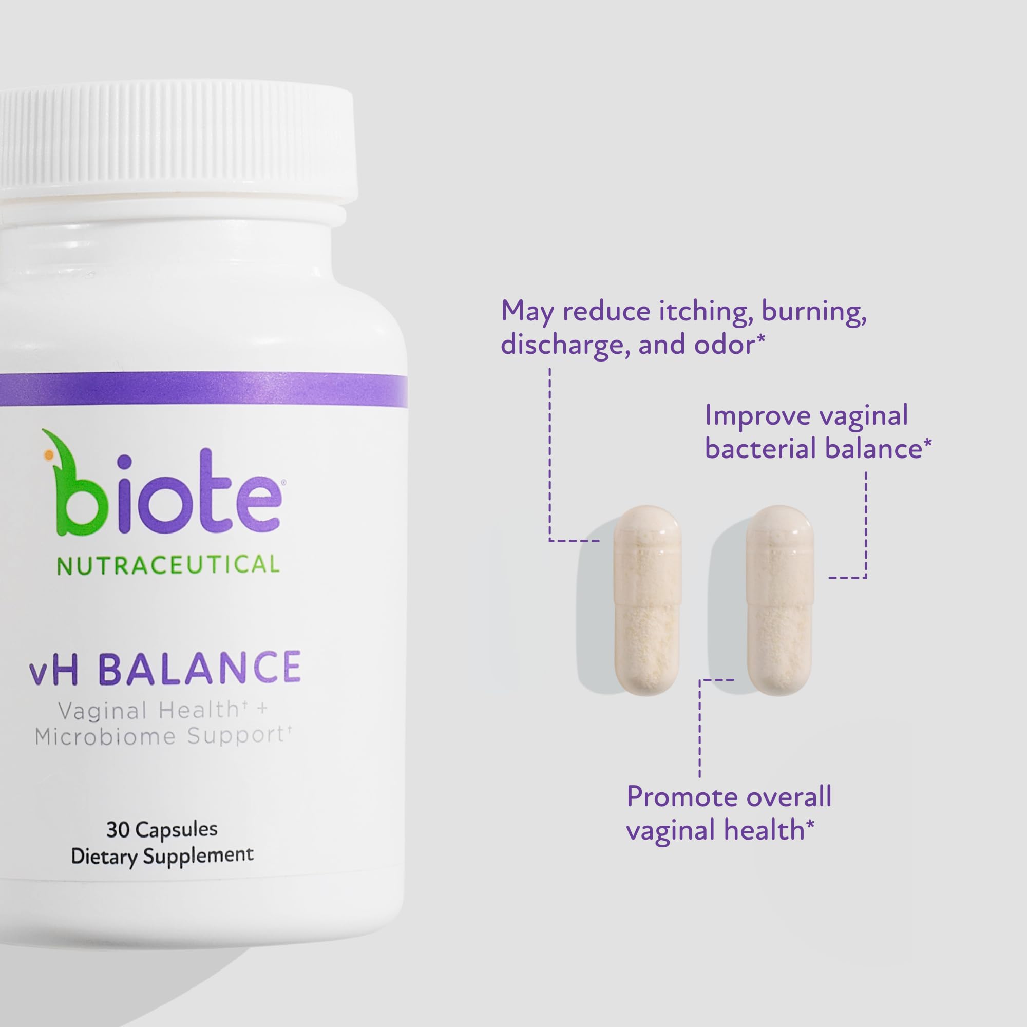 Biote VH Balance bottle back showing usage details for easy daily use.