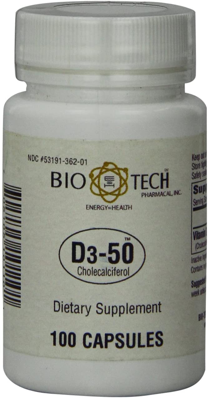 Bio-Tech Pharmacal D3-50 bottle ready for weekly vitamin D intake.