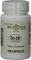 Bio-Tech Pharmacal D3-50 dosage reminder card with bottle.