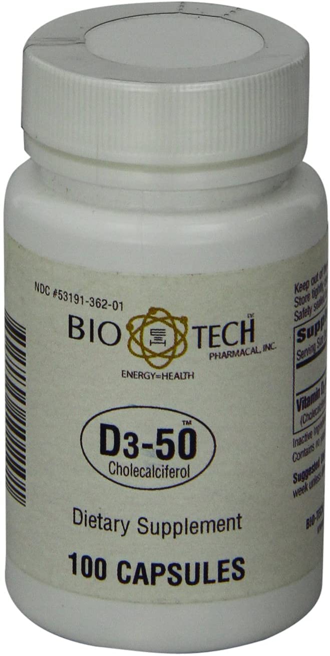 Bio-Tech Pharmacal D3-50 halal-certified supplement bottle on desk.