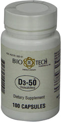 Bio-Tech Pharmacal D3-50 halal-certified supplement bottle on desk.
