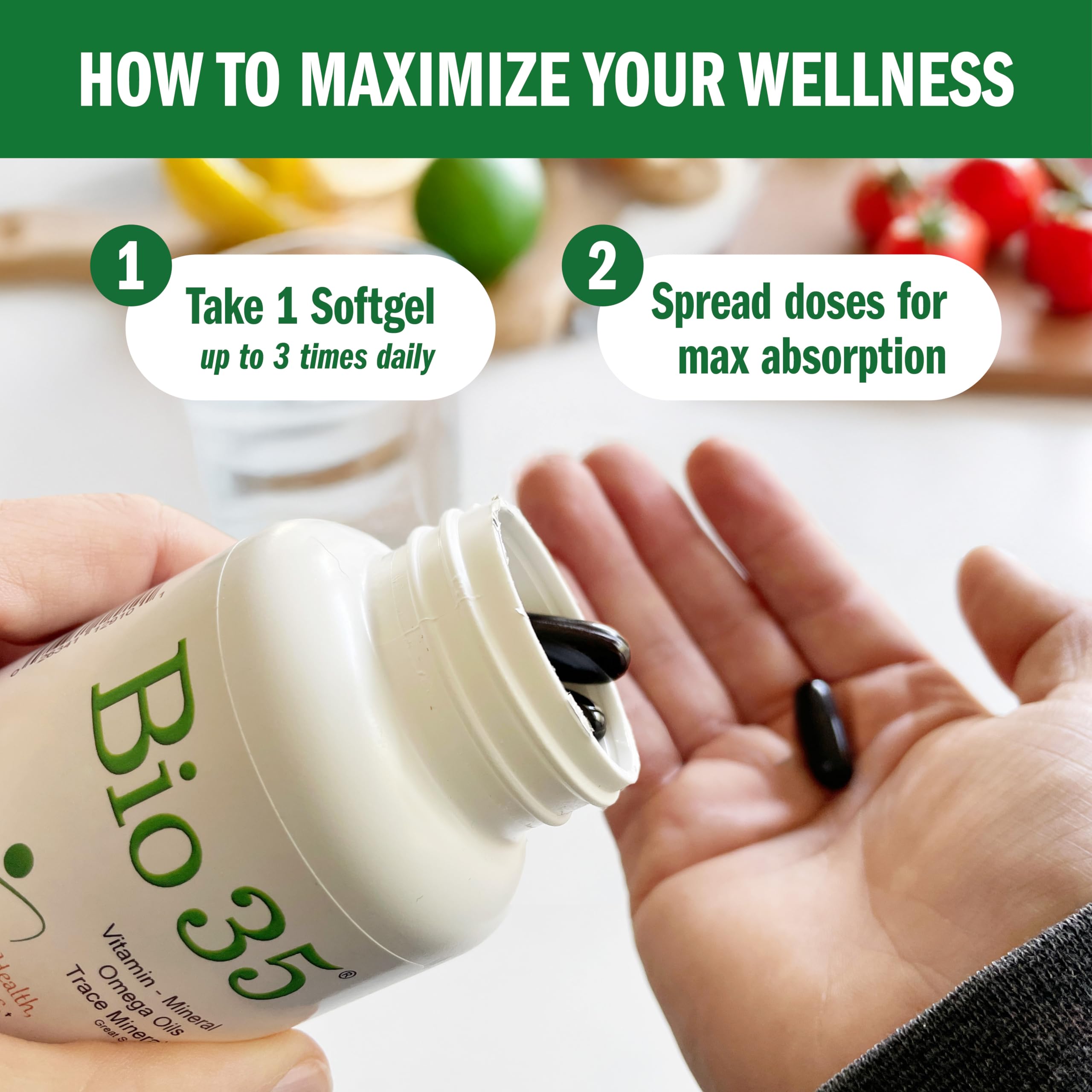 Vitamins and B-vitamins blend in Bio-35 for daily body support.