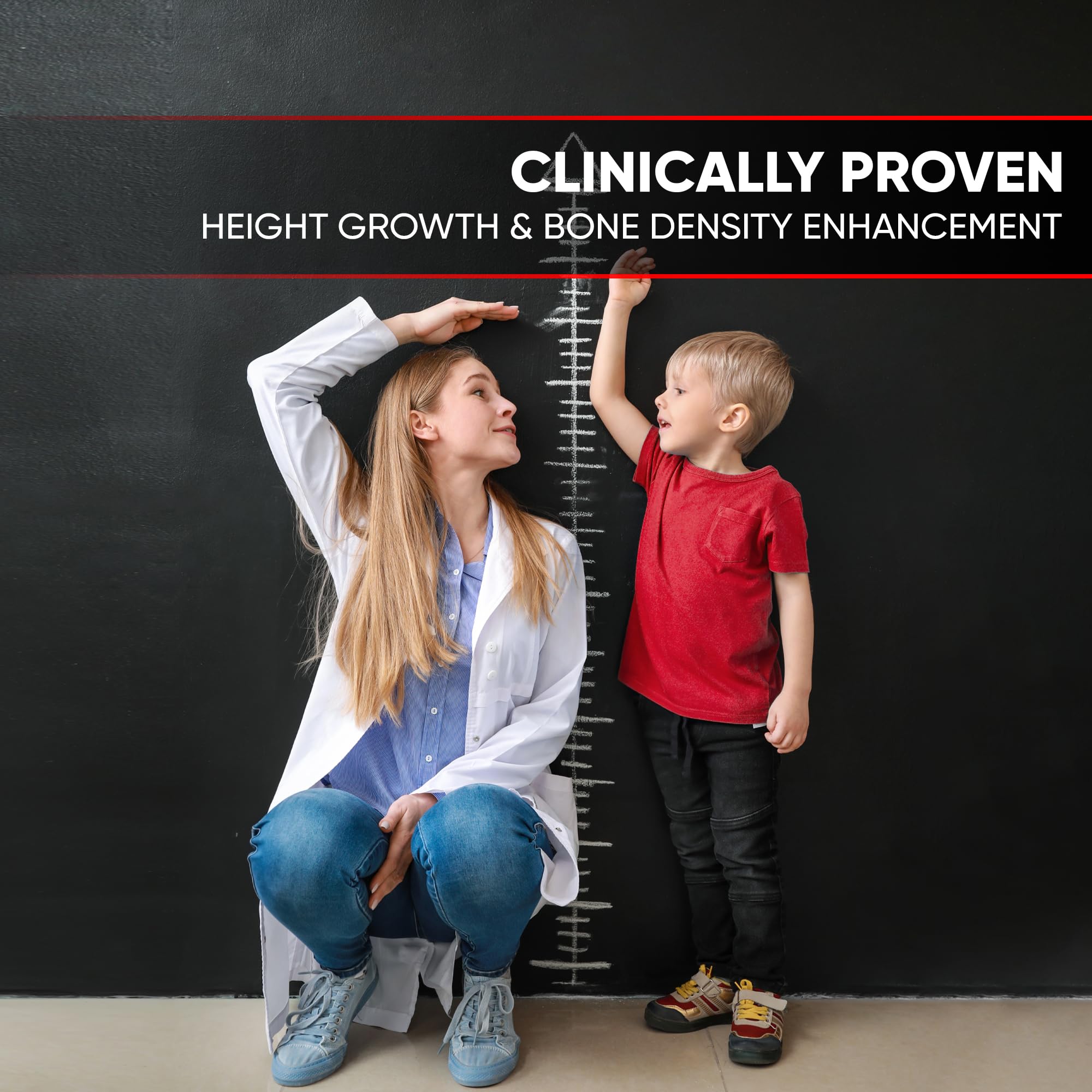 Bioteque Lab height growth ingredients chart featuring calcium, D3, and zinc