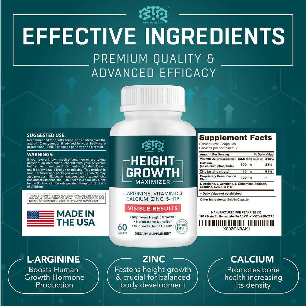 Biotequelab Height Growth capsules close-up for daily height and bone health.