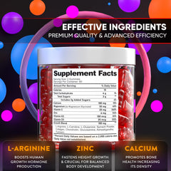 Biotequelab Height Growth Gummies nutrition facts panel promotes calcium, magnesium, zinc benefits.