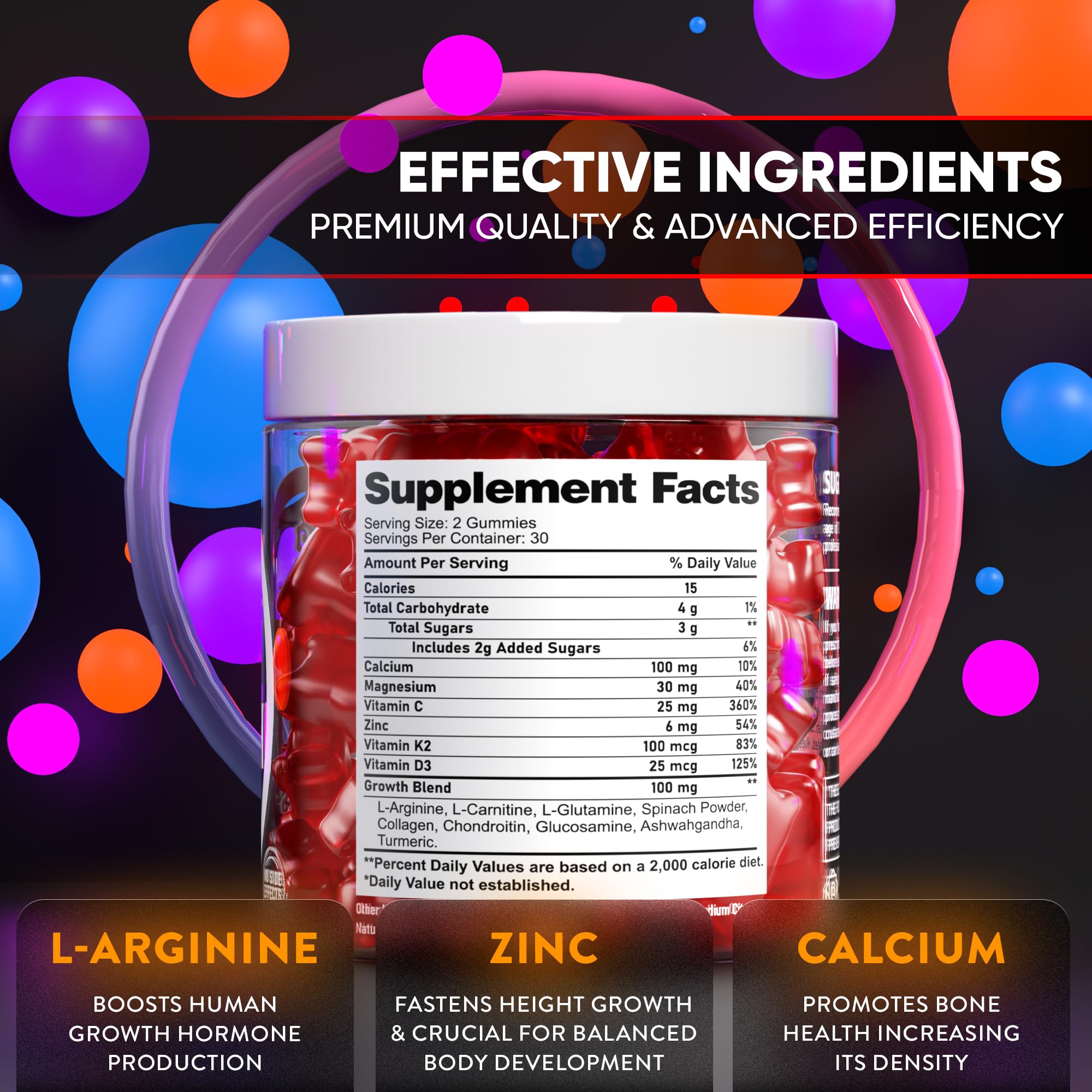 Biotequelab height growth gummies serving image shows easy daily dose for families.