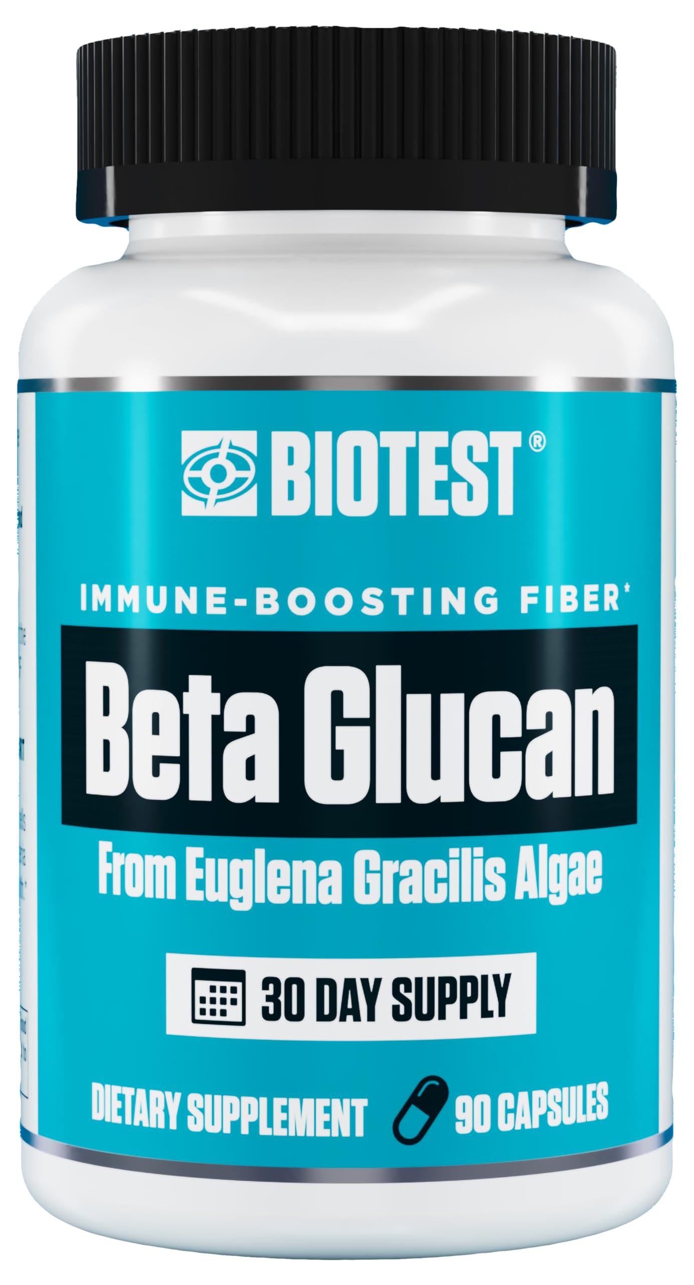 Biotest Beta-Glucan bottle on shelf highlights 600 mg dose for immune support.