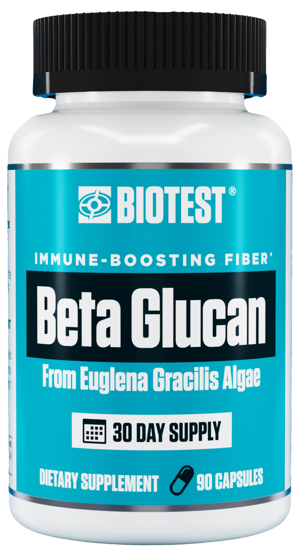 Biotest Beta-Glucan bottle on shelf highlights 600 mg dose for immune support.
