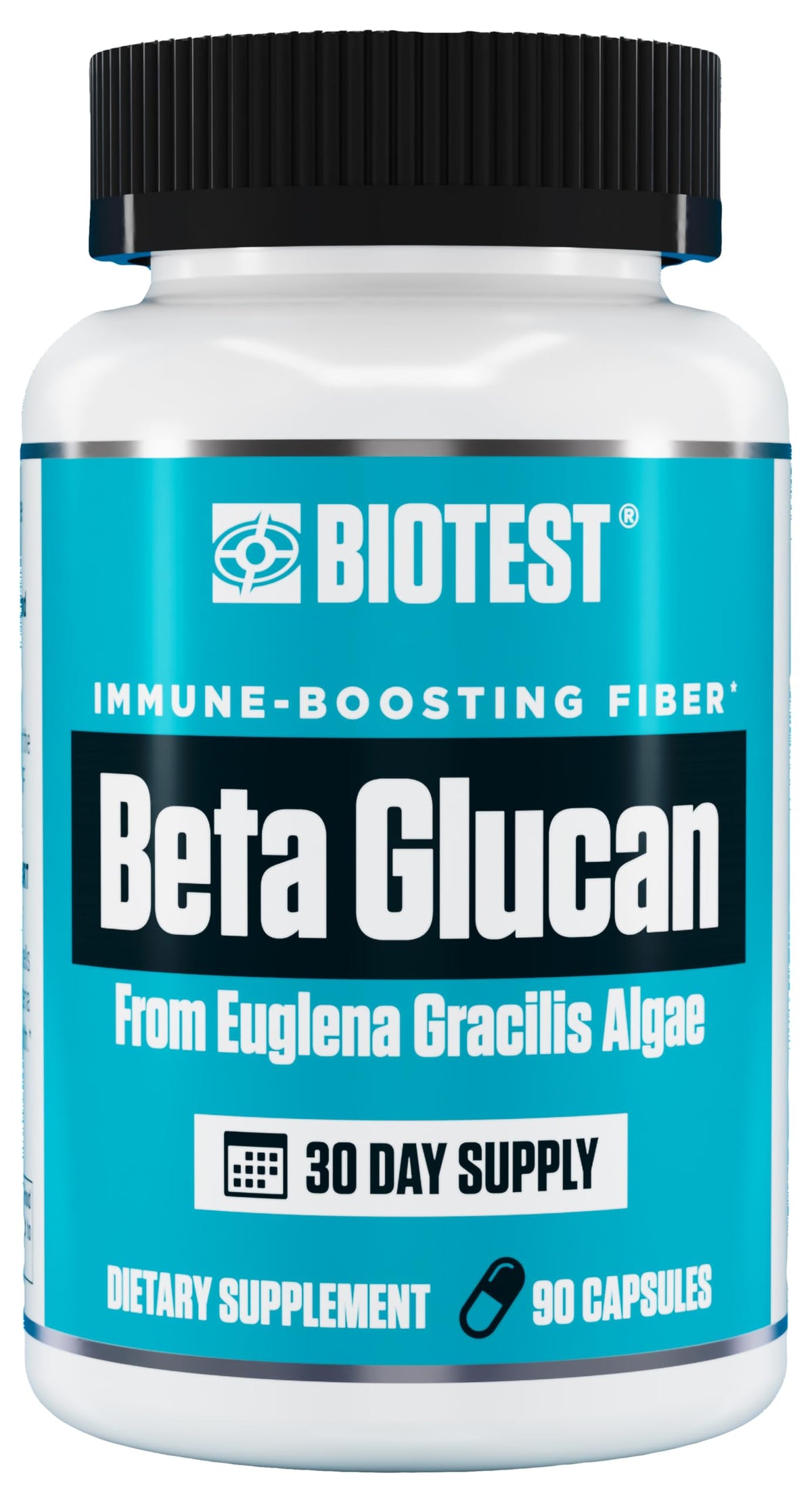 Biotest Beta-Glucan bottle on shelf highlights 600 mg dose for immune support.