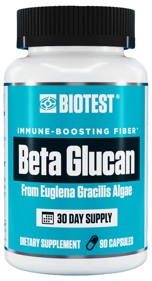 Biotest Beta-Glucan bottle on shelf highlights 600 mg dose for immune support.