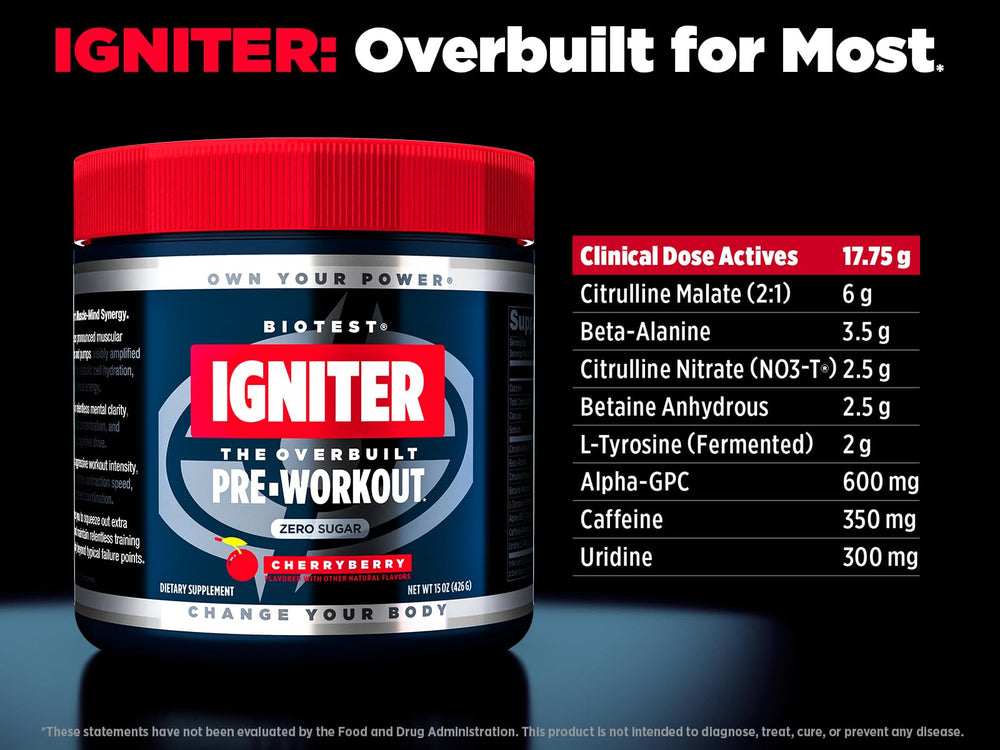 Biotest Igniter Motivation Switch label shows CherryBerry flavor and serving guidance