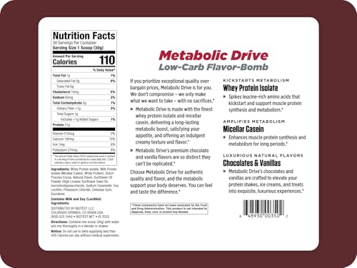 Biotest Metabolic Drive Protein chocolate glass shake highlights creamy texture for post-workout recovery.