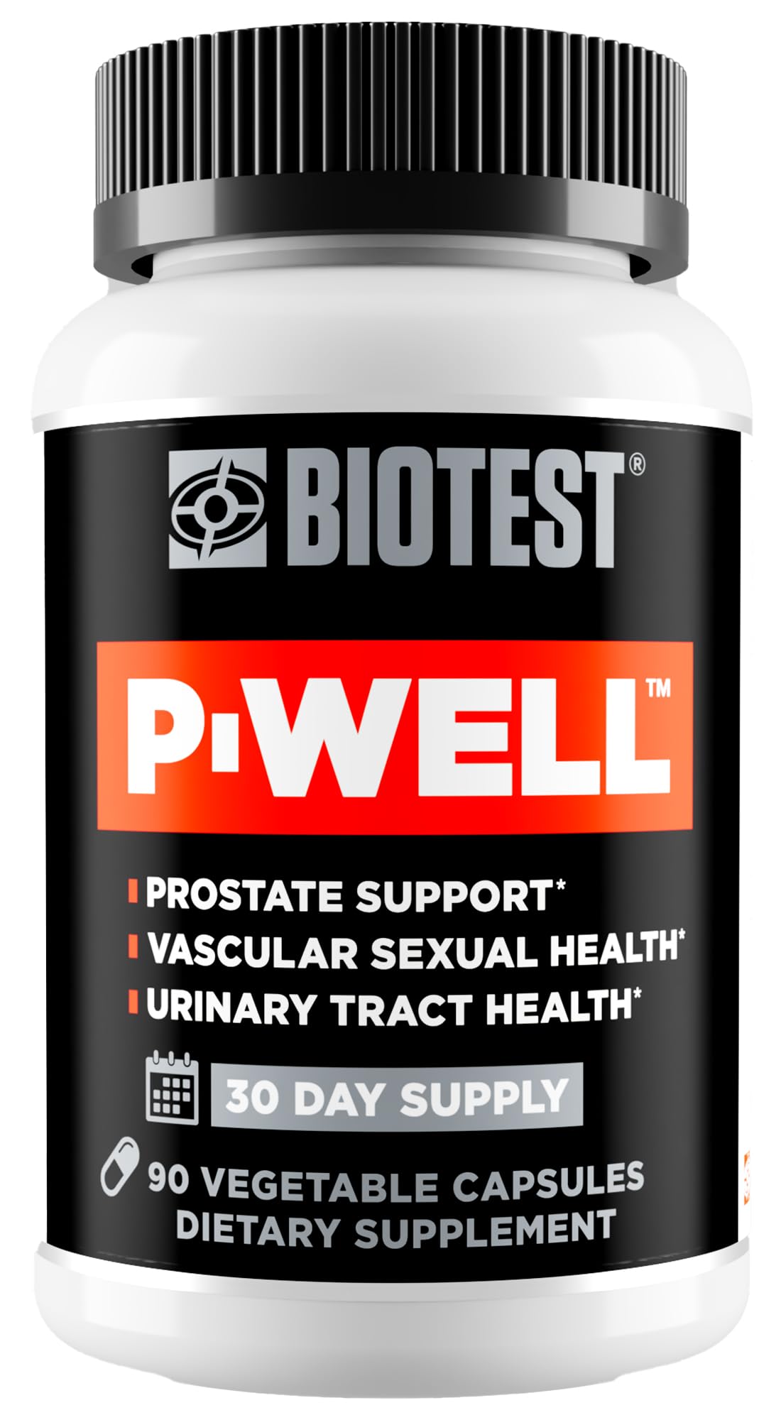 Biotest P-Well bottle front with 30 servings and prostate support in view.